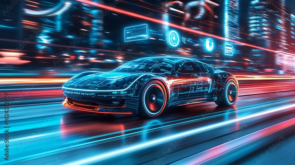 Autonomous electric car cruising on a tech-driven highway, colorful holographic icons floating above displaying AI-controlled speed, distance, and safety alerts, advanced cityscape in the background, Autonomous electric car cruising on a tech-driven highway, colorful holographic icons floating above displaying AI-controlled speed, distance, and safety alerts, advanced cityscape in the background,