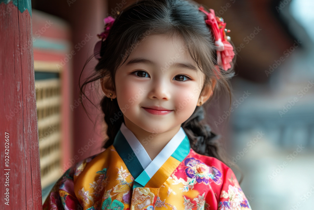 Japanese little girl in traditional hanbok costume at korean village palace Japanese little girl in traditional hanbok costume at korean village palace