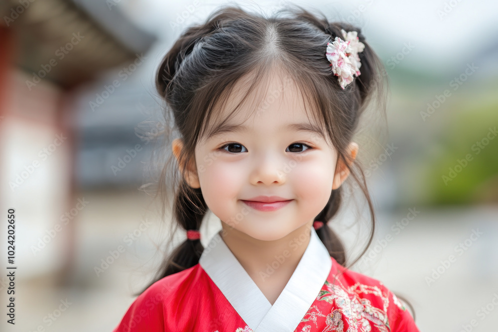 Japanese little girl in traditional hanbok costume at korean village palace Japanese little girl in traditional hanbok costume at korean village palace