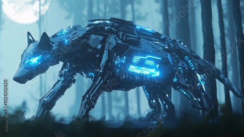 Cyberwolf - Futuristic 3D Render of Mechanical Animal Howling at Moon in Misty Forest | Ultra-Detailed, Cinematic Lightning photo