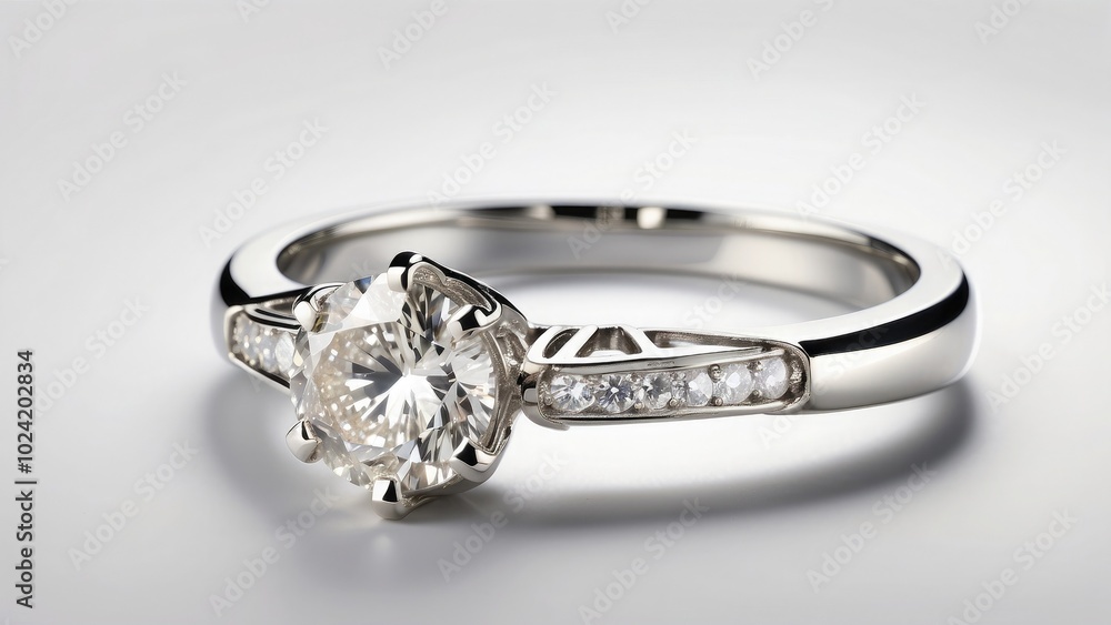 A stunning platinum ring adorned with a single sparkling diamond, showcasing refined beauty, isolated on white background.- A stunning platinum ring adorned with a single sparkling diamond, showcasing refined beauty, isolated on white background.-