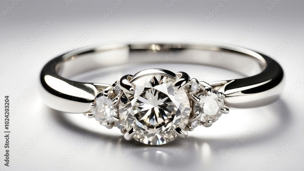 A stunning platinum ring adorned with a single sparkling diamond, showcasing refined beauty, isolated on white background.- A stunning platinum ring adorned with a single sparkling diamond, showcasing refined beauty, isolated on white background.-