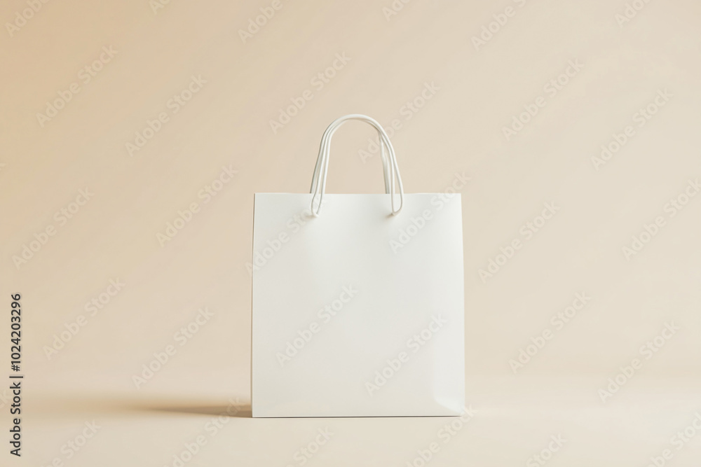 Minimalist Mock-Up of White Paper Shopping Bag with Handles on a Neutral Background for Packaging Design Minimalist Mock-Up of White Paper Shopping Bag with Handles on a Neutral Background for Packaging Design