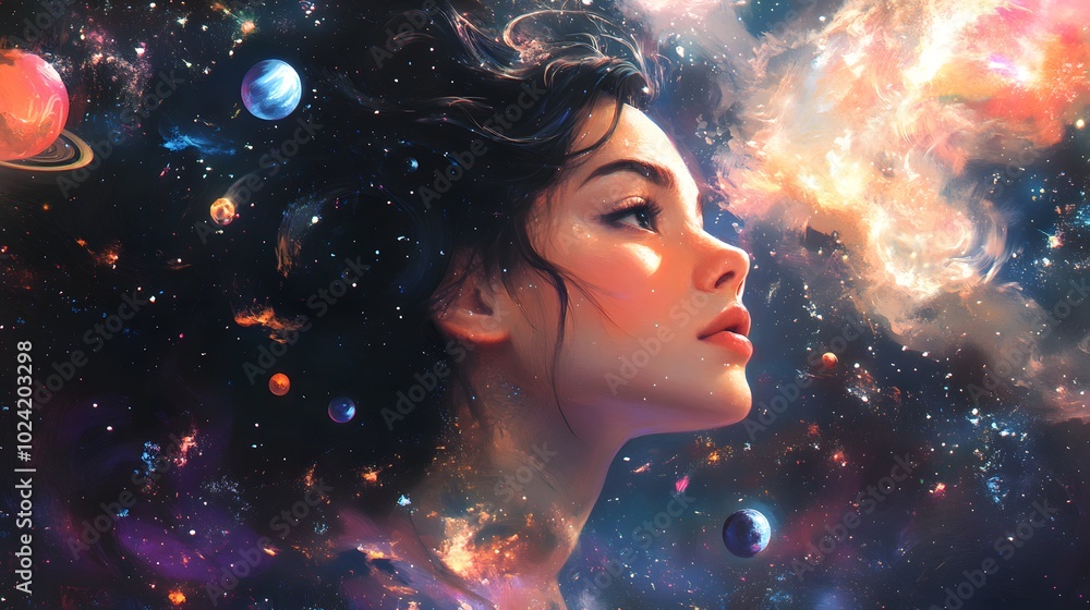 Woman's Profile Against a Cosmic Background with Planets and Stars Woman's Profile Against a Cosmic Background with Planets and Stars