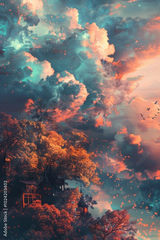 Fototapeta premium A colorful sky with clouds and trees in the foreground. The sky is filled with birds flying around