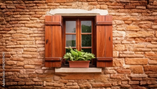 Charming wooden window with shutters and potted plant on rustic brick wall.