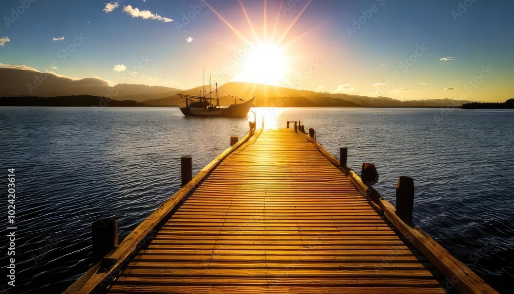 Fototapeta premium Scenic sunset over water with a wooden dock leading to a boat.