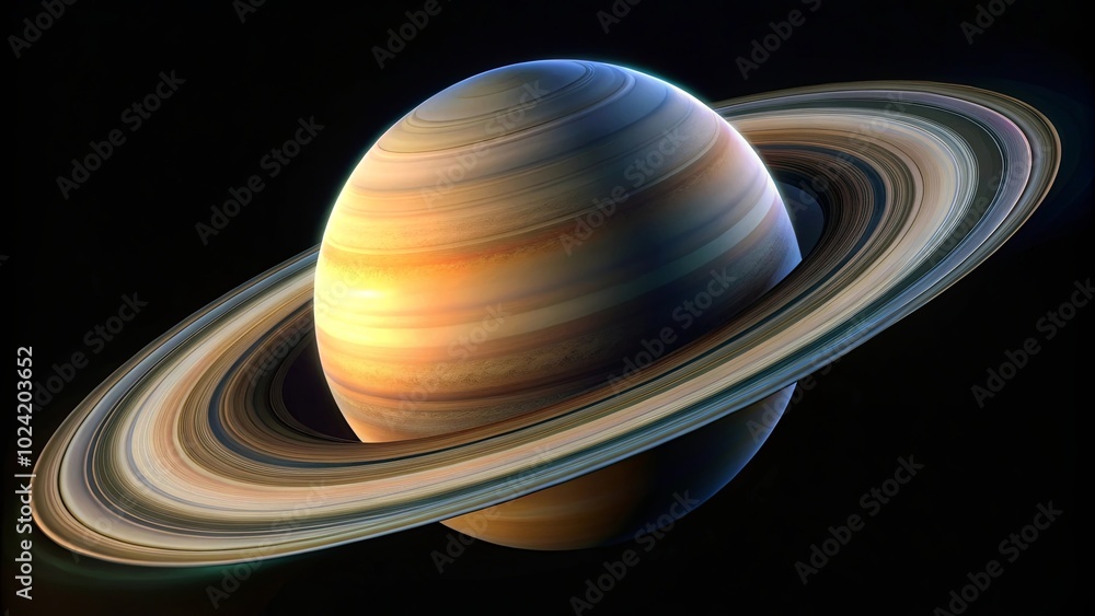 A gaseous celestial body with a prominent ring system, radiating ethereal light against the backdrop of a cosmic abyss. A gaseous celestial body with a prominent ring system, radiating ethereal light against the backdrop of a cosmic abyss.