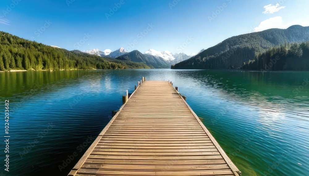 Scenic wooden pier extending into calm lake surrounded by lush mountains. Scenic wooden pier extending into calm lake surrounded by lush mountains.