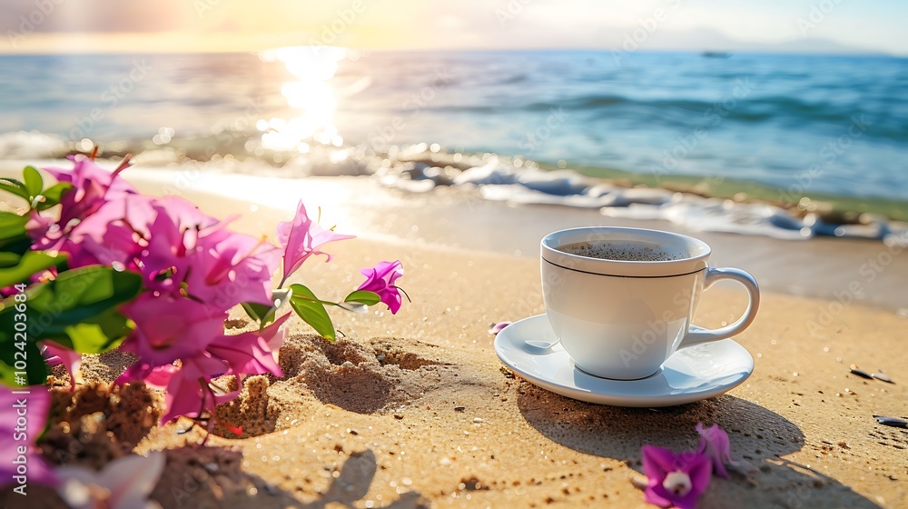 Coffee cup resting on a sandy beach and near flowers Coffee cup resting on a sandy beach and near flowers