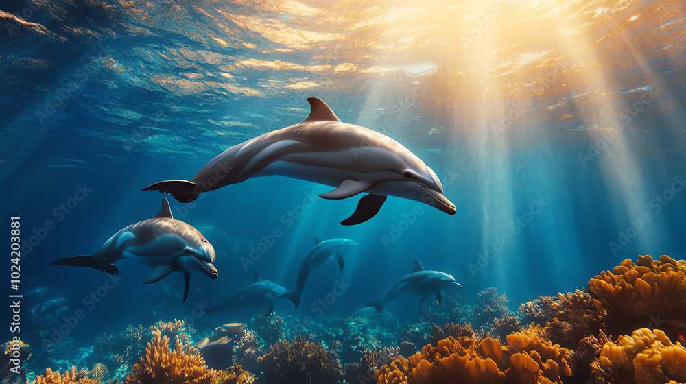 Naklejka premium Playful dolphins swimming gracefully through vibrant coral reefs, illuminated by sunlight filtering through clear ocean waters.