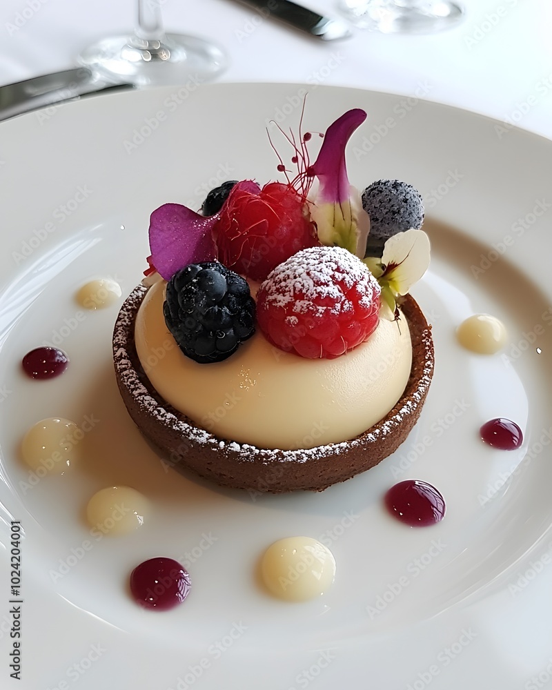 A white chocolate tart with fresh berries, dusted with powdered sugar, and adorned with edible flowers. A white chocolate tart with fresh berries, dusted with powdered sugar, and adorned with edible flowers.