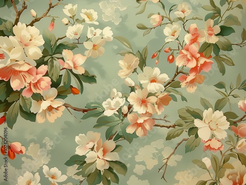 Elegant floral pattern wallpaper with blooming flowers in pastel colors on a soft green background.