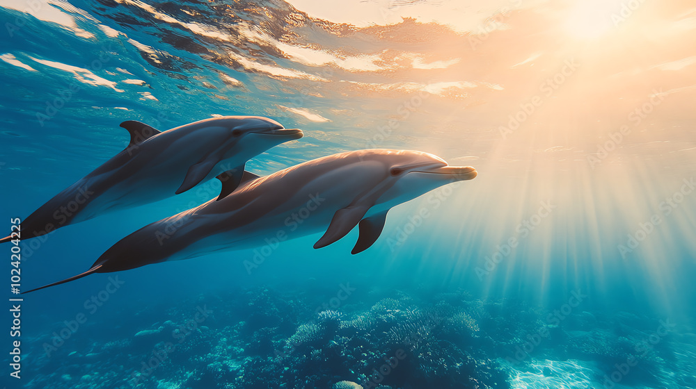 Fototapeta premium Two dolphins swimming gracefully in clear blue waters, illuminated by sunlight filtering through the surface, showcasing their playful nature and the beauty of marine life.