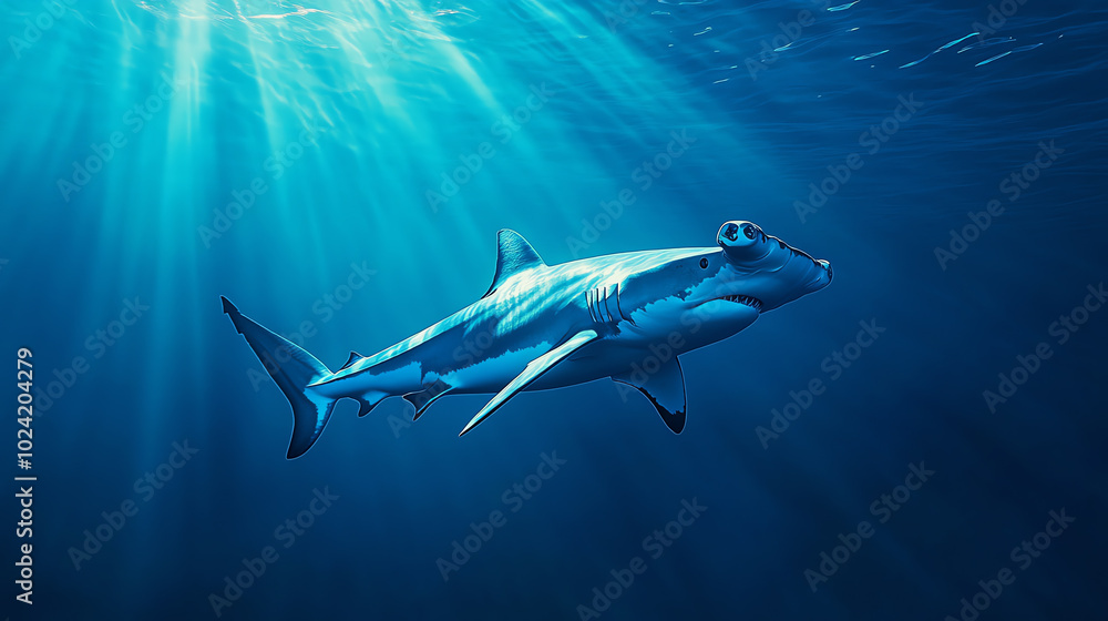 Obraz premium A majestic shark swimming gracefully through the deep blue ocean, illuminated by beams of sunlight filtering from the surface, showcasing its powerful body in a serene environment.