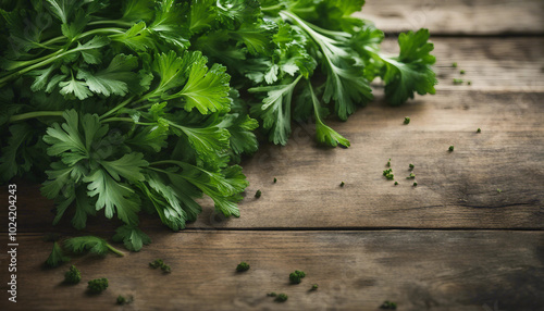 Freshly picked parsley on a weathered wooden table, showcasing vibrant greens.