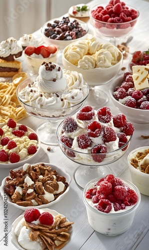 A table full of bowls of vanilla ice cream, yogurt and other desserts topped with various toppings like berries, granola, chocolate, and whipped cream.