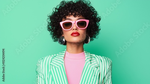 Fashion-forward model flaunts vibrant style with bold sunglasses and striped blazer against a mint green backdrop.