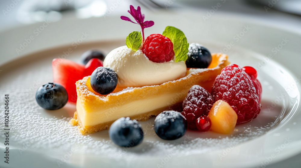A classic fruit tart topped with whipped cream, fresh raspberries, blueberries, and mint, served on a white plate with powdered sugar A classic fruit tart topped with whipped cream, fresh raspberries, blueberries, and mint, served on a white plate with powdered sugar