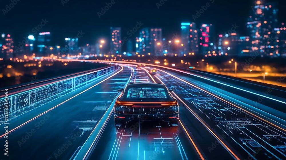 Autonomous vehicle driving on a futuristic highway, interactive holographic data projections showing real-time feedback on vehicle health, speed, and navigation, Autonomous vehicle driving on a futuristic highway, interactive holographic data projections showing real-time feedback on vehicle health, speed, and navigation,