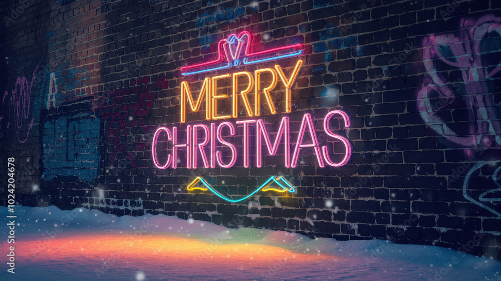 Merry Christmas neon sign glowing brightly against brick wall Merry Christmas neon sign glowing brightly against brick wall