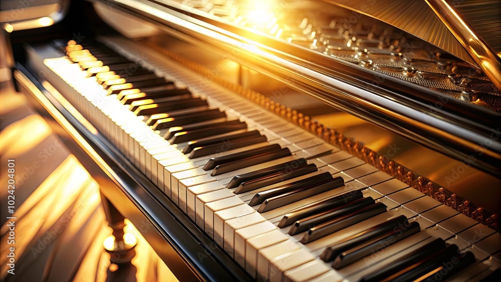 A symphony of golden light dances upon the gleaming keys of a grand piano, promising a melody of timeless beauty. A symphony of golden light dances upon the gleaming keys of a grand piano, promising a melody of timeless beauty.