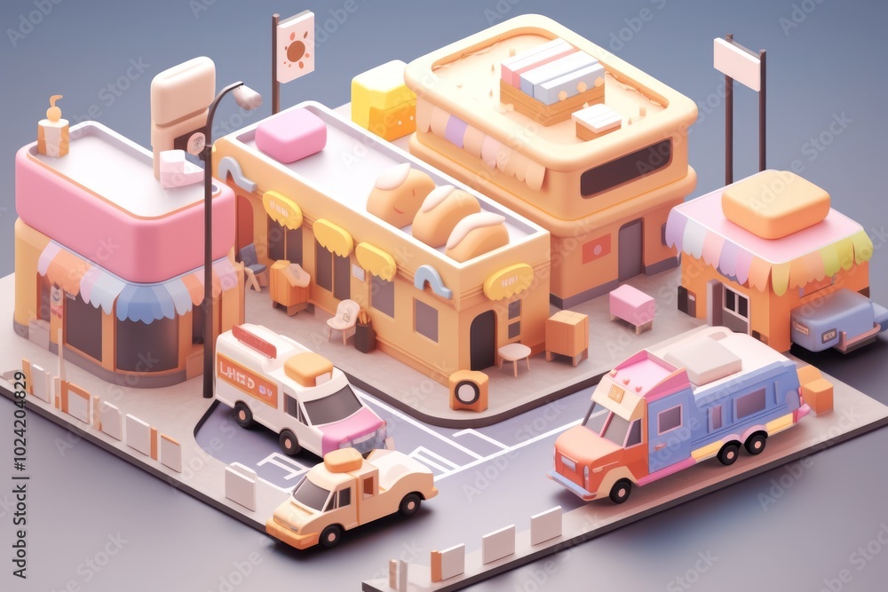 A 3D model of a small town with colorful buildings, vehicles, and street signs. A 3D model of a small town with colorful buildings, vehicles, and street signs.