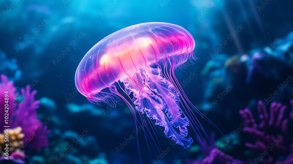 A vibrant jellyfish gracefully floating in clear blue waters, surrounded by colorful corals. Its glowing tentacles create a mesmerizing spectacle beneath the ocean surface. A vibrant jellyfish gracefully floating in clear blue waters, surrounded by colorful corals. Its glowing tentacles create a mesmerizing spectacle beneath the ocean surface.