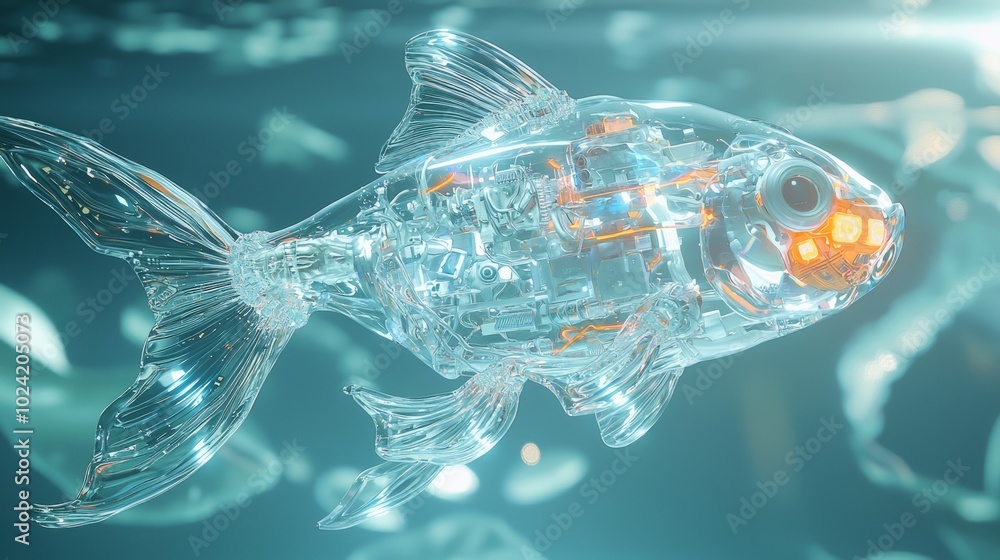 Futuristic Robot Goldfish Swimming in Transparent Aquarium with Glowing Circuits - 3D Render Illustration Futuristic Robot Goldfish Swimming in Transparent Aquarium with Glowing Circuits - 3D Render Illustration