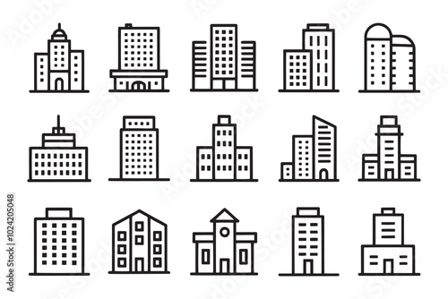 Big city buildings related editable icon set isolated flat vector illustration white background.