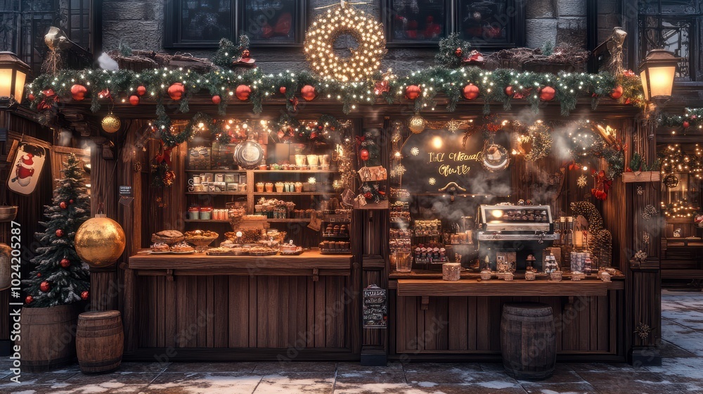 A cozy Christmas market stall offering steaming hot coffee, festive sweets, and holiday decorations A cozy Christmas market stall offering steaming hot coffee, festive sweets, and holiday decorations