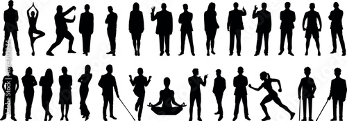 people silhouettes set, diverse people vector in various poses including business figures, yoga positions, meditation, athletes, and gestures representing fitness, balance, and movement. for human act