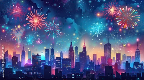 Vibrant city skyline at night with colorful fireworks illuminating the sky, perfect for festive and celebratory themes.