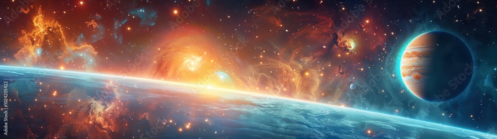 Vibrant space scene with distant stars, planets, and cosmic nebulae. Perfect for sci-fi themes or astronomy-related content. Vibrant space scene with distant stars, planets, and cosmic nebulae. Perfect for sci-fi themes or astronomy-related content.