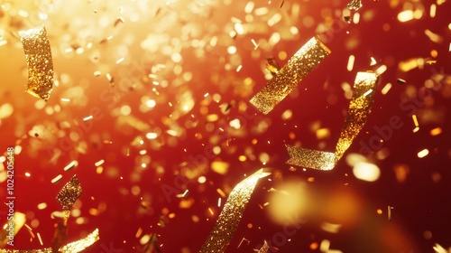 a festive celebratory red background with gold confetti and streamers creating a sparkling atmosphere of joy smooth golden animation festive laxury futage photo