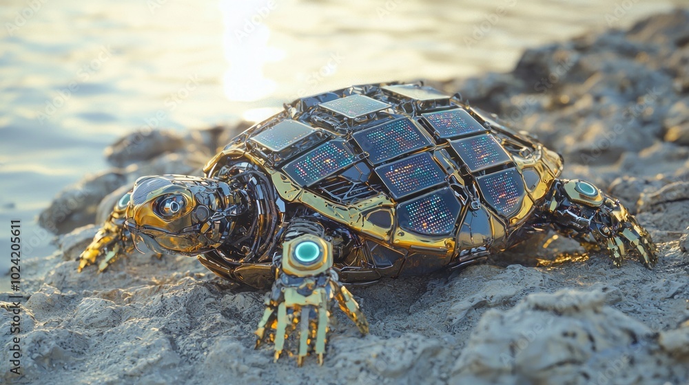 Techno-Turtle: 3D Render of a Colorful Solar-Powered Robotic Animal Basking in the Sun on a Rocky Shore with Cinematic Lightning Techno-Turtle: 3D Render of a Colorful Solar-Powered Robotic Animal Basking in the Sun on a Rocky Shore with Cinematic Lightning