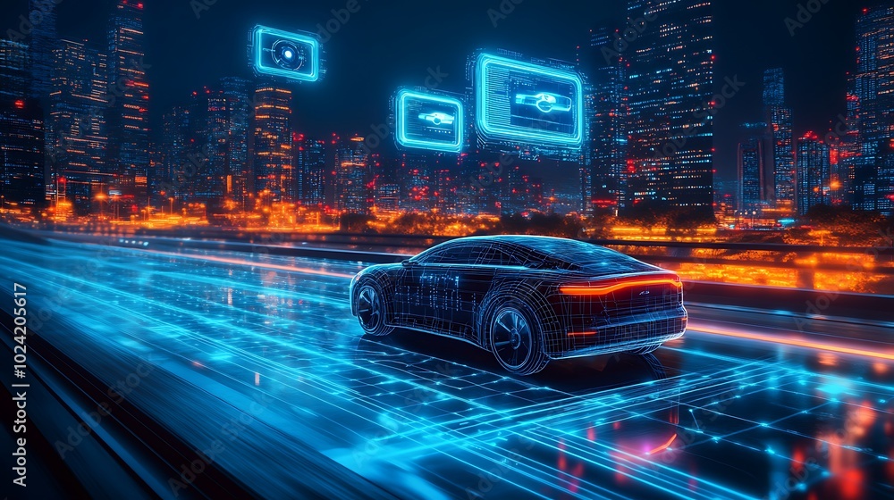 Autonomous vehicle driving smoothly on a smart highway, holographic icons floating above displaying speed, navigation, and vehicle performance, cityscape glowing in vibrant neon colors, dark sky, Autonomous vehicle driving smoothly on a smart highway, holographic icons floating above displaying speed, navigation, and vehicle performance, cityscape glowing in vibrant neon colors, dark sky,