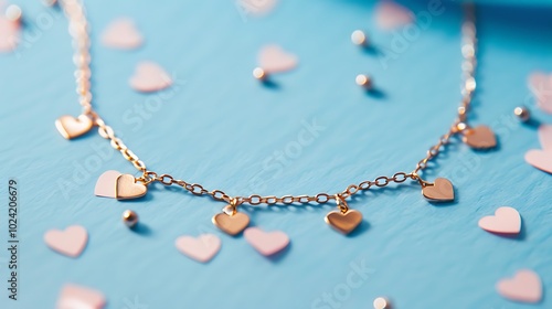 Dainty anklet with tiny heart charms on blue background