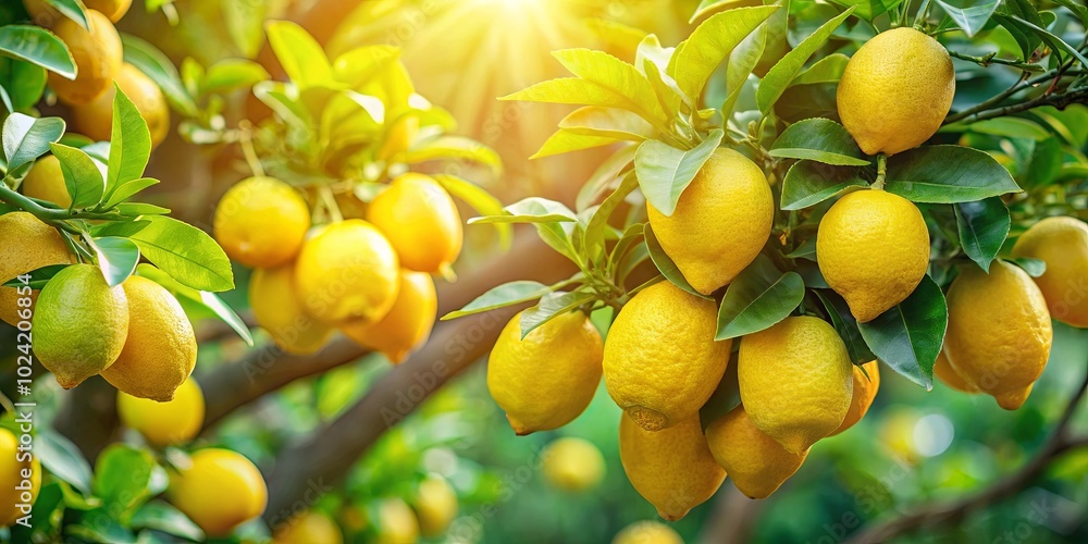 A Bountiful Harvest of Golden Lemons Ripe and Ready on a Lush Green Tree Branch, Basking in the Warm Glow of Sunlight A Bountiful Harvest of Golden Lemons Ripe and Ready on a Lush Green Tree Branch, Basking in the Warm Glow of Sunlight
