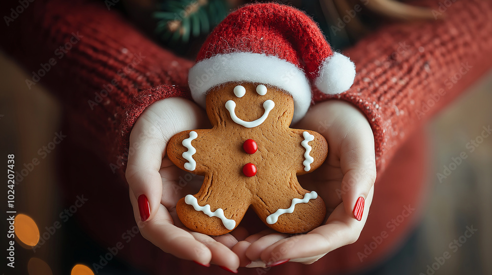 Obraz premium A person is holding a gingerbread man cookie with a red hat on it. The cookie is smiling and the person is holding it up to the camera, creating a festive and joyful atmosphere