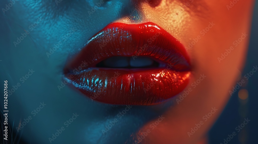 Obraz premium A close-up of a model's lips with a glossy red lipstick applied, highlighting the smooth texture and vibrant color on a clean background. 8k UHD, suitable for high-quality printing or digital 