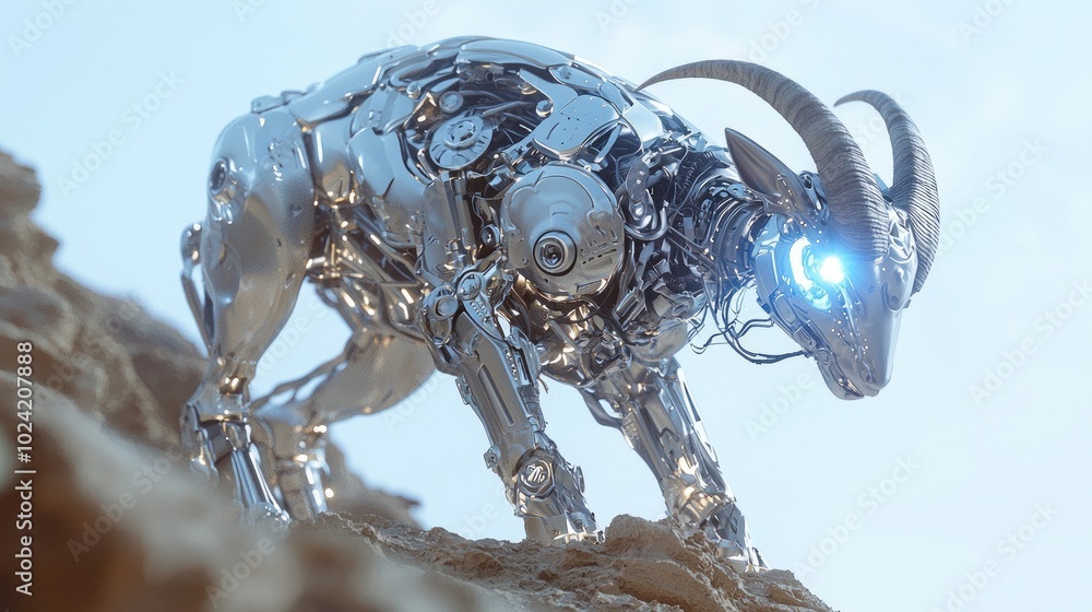 Futuristic Mechanical Cyborg Goat on Cliff - 3D Render with Intricate Metalwork and Glowing Accents, Ultra-Detailed, Cinematic Lightning Futuristic Mechanical Cyborg Goat on Cliff - 3D Render with Intricate Metalwork and Glowing Accents, Ultra-Detailed, Cinematic Lightning