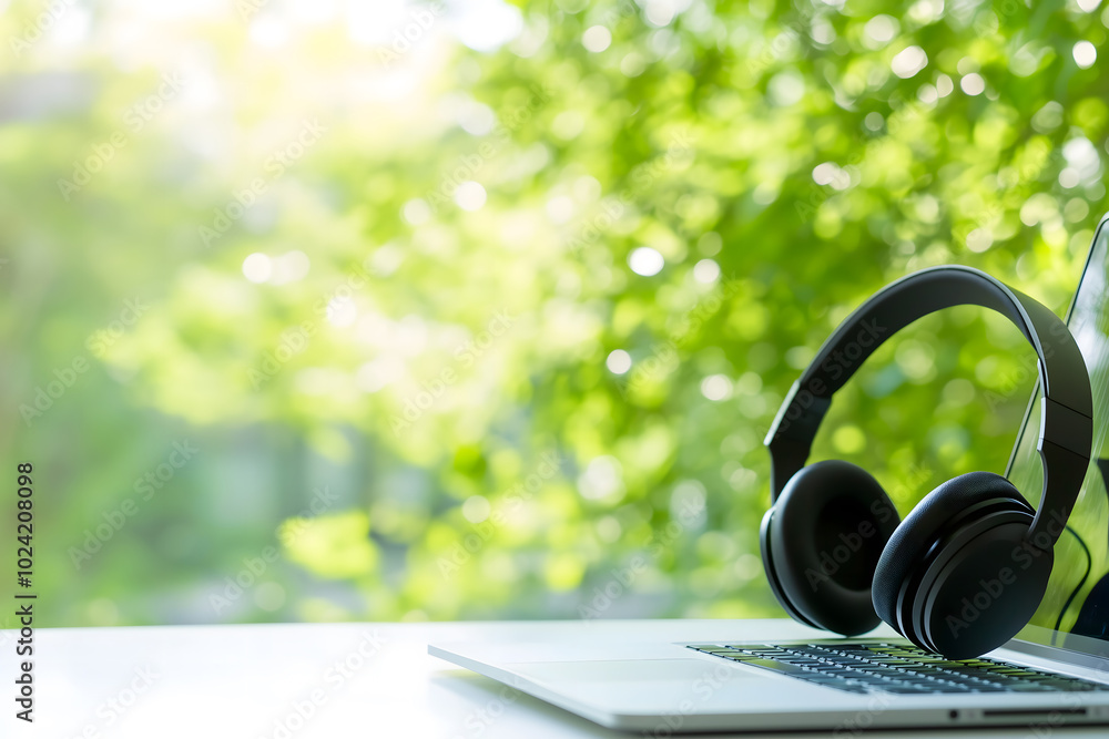 Laptop and Headphones on Desk with Lush Green Background, Representing Remote Work and Digital Nomad Lifestyle Laptop and Headphones on Desk with Lush Green Background, Representing Remote Work and Digital Nomad Lifestyle
