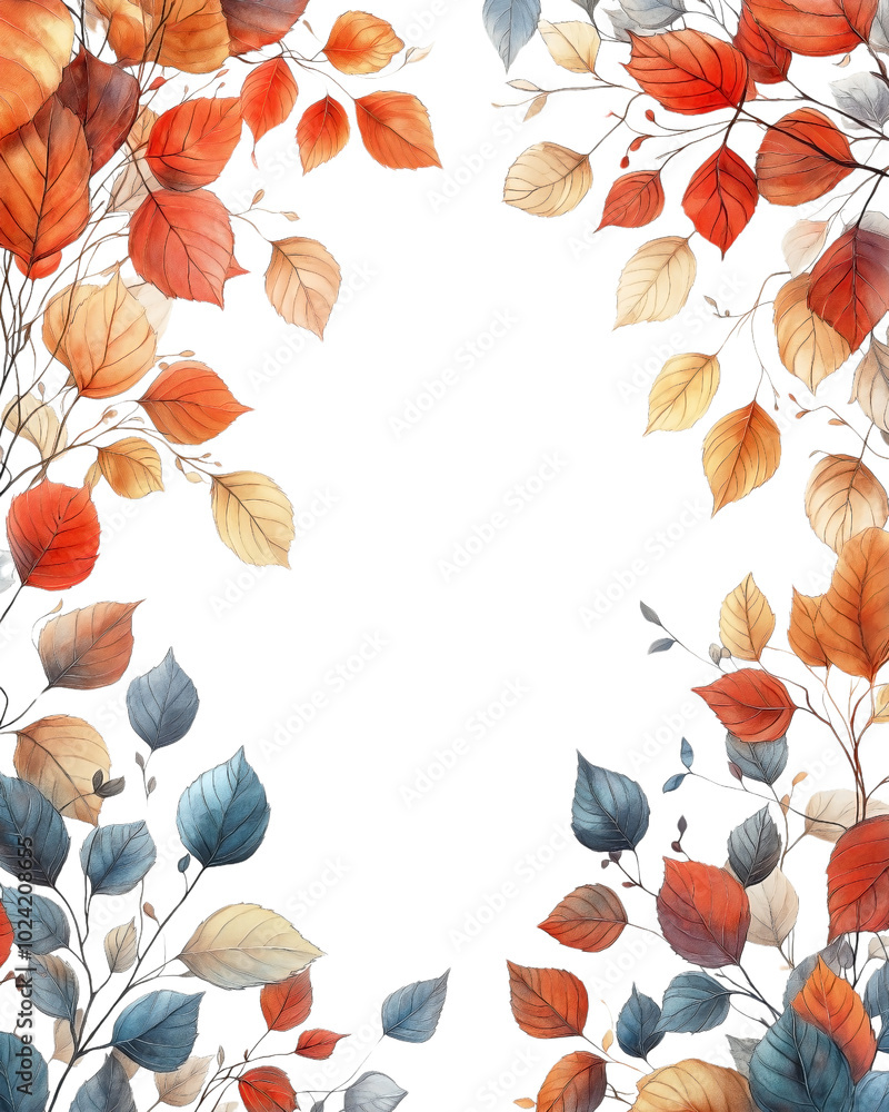 A square border pattern featuring a mix of little autumn leaves, painted in a watercolor anime style, set against transparent background. A square border pattern featuring a mix of little autumn leaves, painted in a watercolor anime style, set against transparent background.