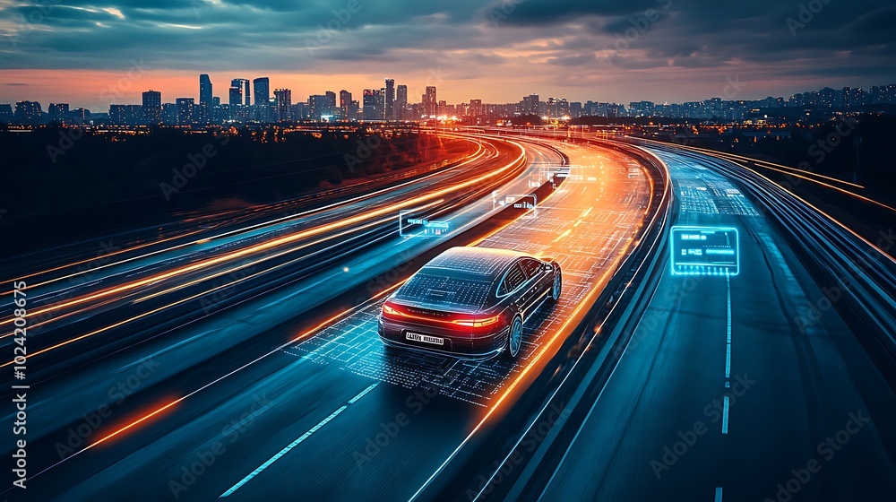 Electric autonomous car cruising on a technology-enhanced highway, floating data points displaying vehicle status, AI navigation, and traffic conditions, sleek road design with LED patterns, Electric autonomous car cruising on a technology-enhanced highway, floating data points displaying vehicle status, AI navigation, and traffic conditions, sleek road design with LED patterns,