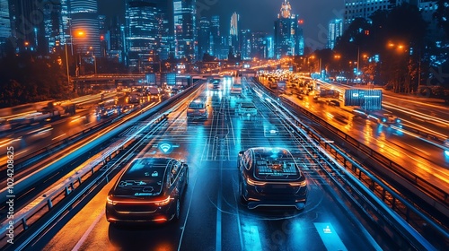 Driverless vehicle on a crowded highway at night, interactive holographic icons indicating speed, AI-controlled navigation, and traffic updates, vibrant city skyline glowing with neon lights,