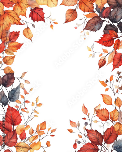 A square border pattern featuring a mix of little autumn leaves, painted in a watercolor anime style, set against transparent  background.  photo