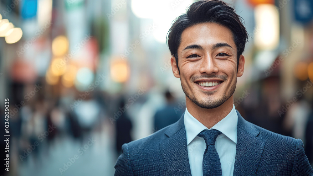Confident Asian businessman smiling in a busy urban street Confident Asian businessman smiling in a busy urban street