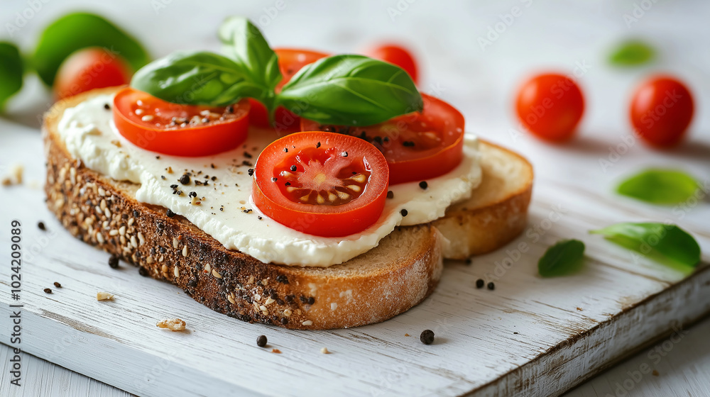 A sandwich with tomatoes and basil on top of a white plate. The sandwich is cut in half and placed on a table A sandwich with tomatoes and basil on top of a white plate. The sandwich is cut in half and placed on a table