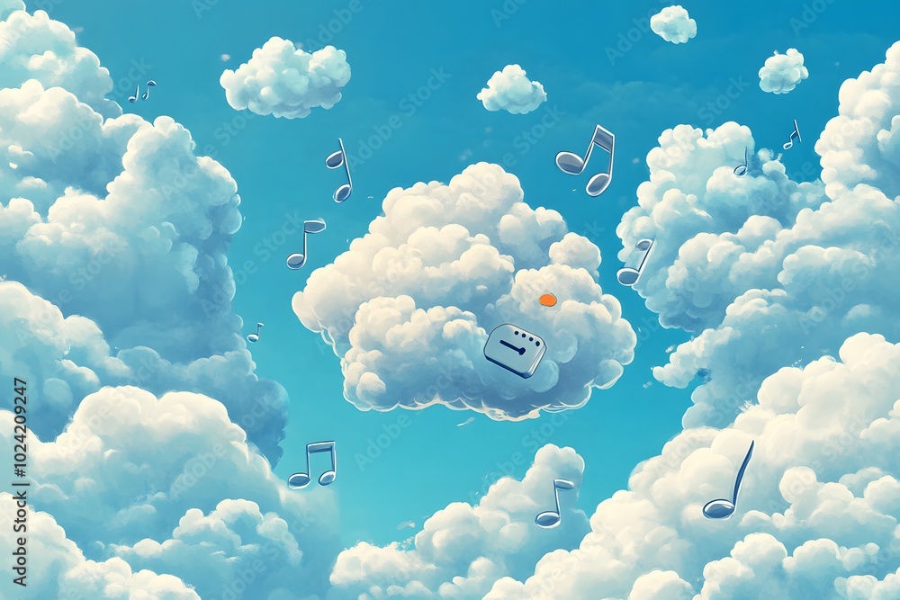 Musical Notes Floating Among Fluffy White Clouds in a Blue Sky Musical Notes Floating Among Fluffy White Clouds in a Blue Sky